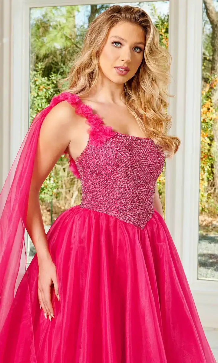 Model wearing a pageant dress